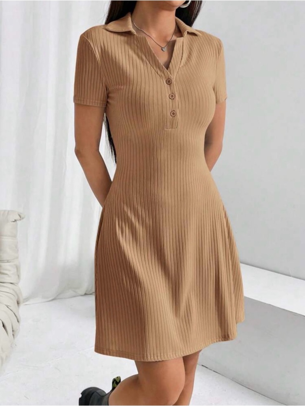 Camel Ribbed Polo Mini Dress